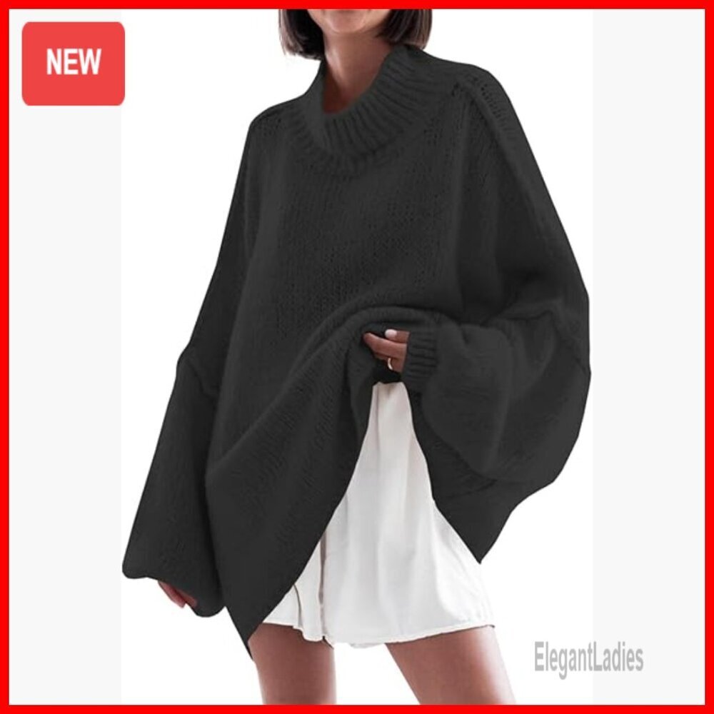 Oversized Mock Neck Batwing Sweater Ribbed Knit Pullover Tunic